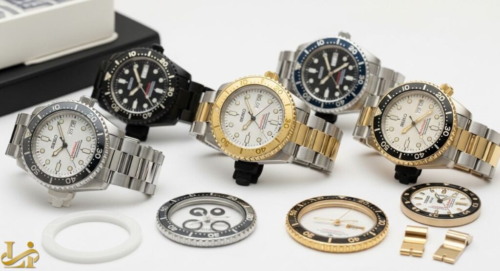 A display of five custom Seiko Yacht-Master mod watches in various styles (full stainless steel, two-tone gold/steel, and black PVD). All feature white or black dials and Yacht-Master style bezels, with loose components like bezels, inserts, and end links arranged in the foreground.
