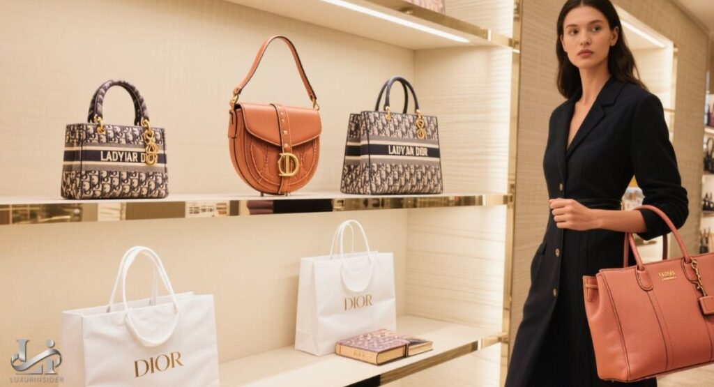 A model in a dark navy dress holds a large peach-colored Dior tote bag while standing next to a shelf displaying Lady Dior and Dior Saddle bags in Monogram canvas and leather.