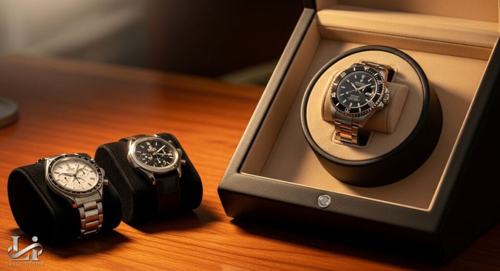 A premium watch winder, open and showcasing a luxury watch on its rotating cushion. The winder is a sleek, black and tan box, and it sits on a wooden desk. To the left, two more luxury watches are displayed on small black cushions, emphasizing the high-end nature of the collection and accessories. The image is professionally lit to highlight the quality and craftsmanship.