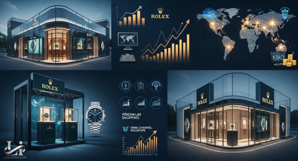 A corporate presentation slide or graphic titled "SHOWROOM PROJECTS AND FUTURE INVESTMENTS FY26 AND BEYOND." The image is a strategic roadmap that outlines the company's planned investments and showroom projects in the UK, US, and EU, along with key business initiatives like omnichannel sales, luxury jewelry, Rolex Certified Pre-Owned (CPO), and mergers & acquisitions (M&A).