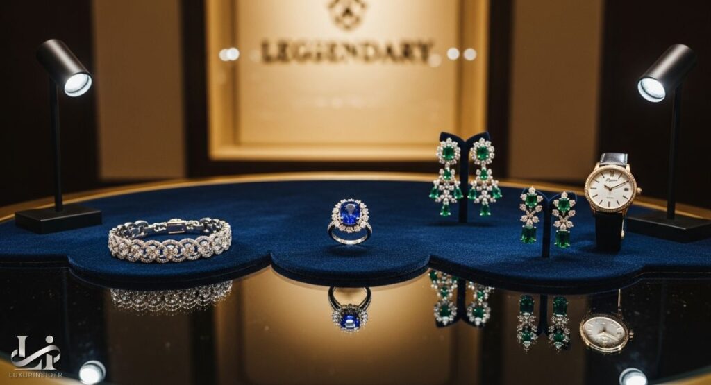An elegant display of a jeweler's signature collection. The scene features a diamond and sapphire bracelet, a large sapphire ring, a pair of dangling emerald and diamond earrings, a matching stud earring, and a luxury gold wristwatch with a white dial.