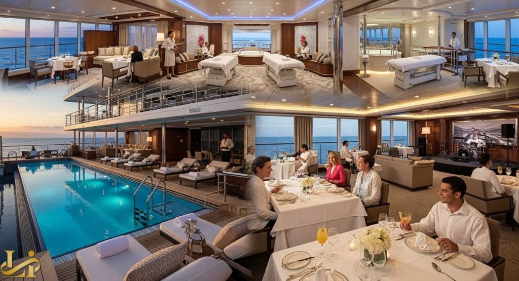 A collage of images showing the luxurious onboard amenities of a cruise ship, including an open-air swimming pool deck at sunset, a fine-dining restaurant, and a spacious spa/suite area with massage tables, all featuring panoramic ocean views.