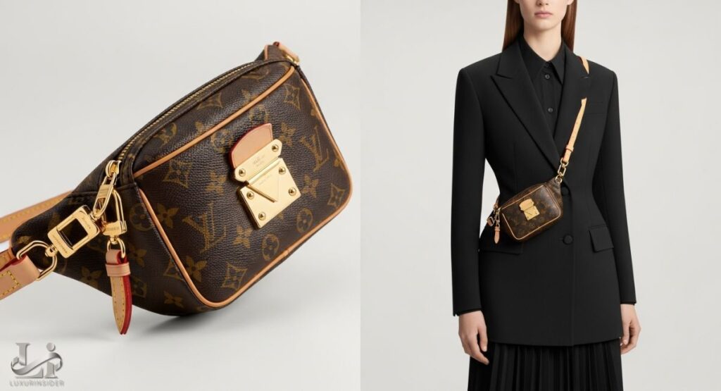 Close-up photo of the Louis Vuitton Mini Monogram Bumbag, showcasing its compact silhouette, signature Monogram canvas, natural cowhide leather trim, and a gold-tone chain strap.