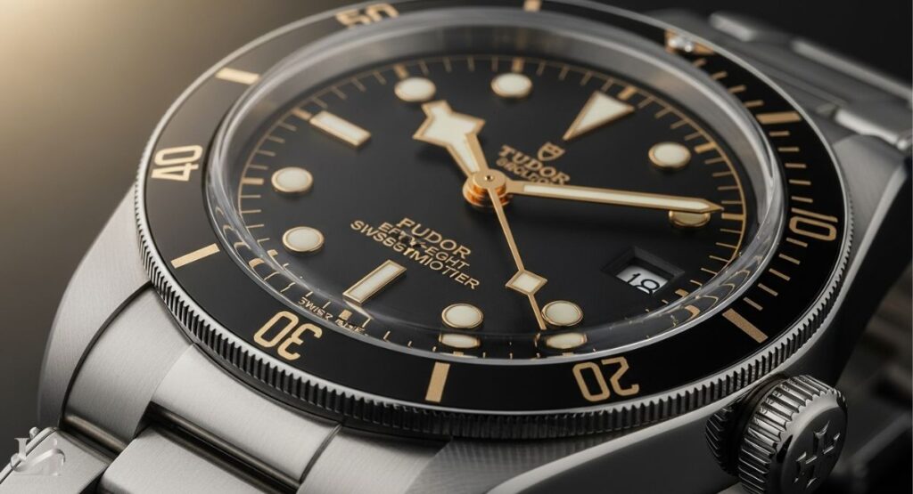 An extreme close-up photograph of a Tudor Black Bay Fifty-Eight watch. The shot focuses on the black dial with vintage-inspired gold-toned "gilt" hands and hour markers, the knurled bezel, and the text on the dial.