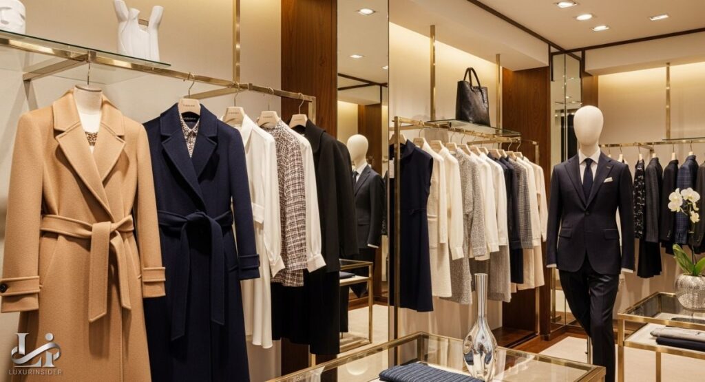 The interior of a high-end clothing boutique with racks of luxury apparel for both men and women. A male mannequin in a suit and a female mannequin in a coat are visible, along with various coats, blazers, and shirts on hangers. The space is well-lit, with polished floors and elegant decor.