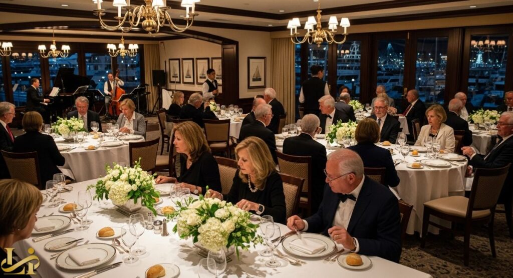 A formal private dining event at a yacht club restaurant, featuring a large group of well-dressed guests seated at tables with white tablecloths and floral centerpieces, with a piano and cello jazz band performing, and large windows overlooking the illuminated marina at night.