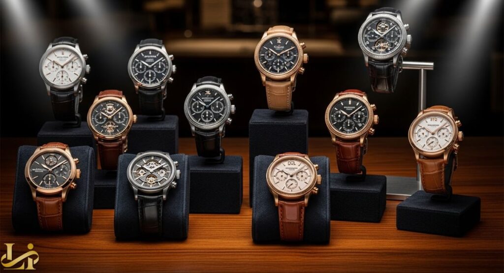 A curated display of ten luxury chronograph watches with different dials (white, black, rose gold) and leather straps (brown, black), presented on black pedestals in a warmly lit environment.