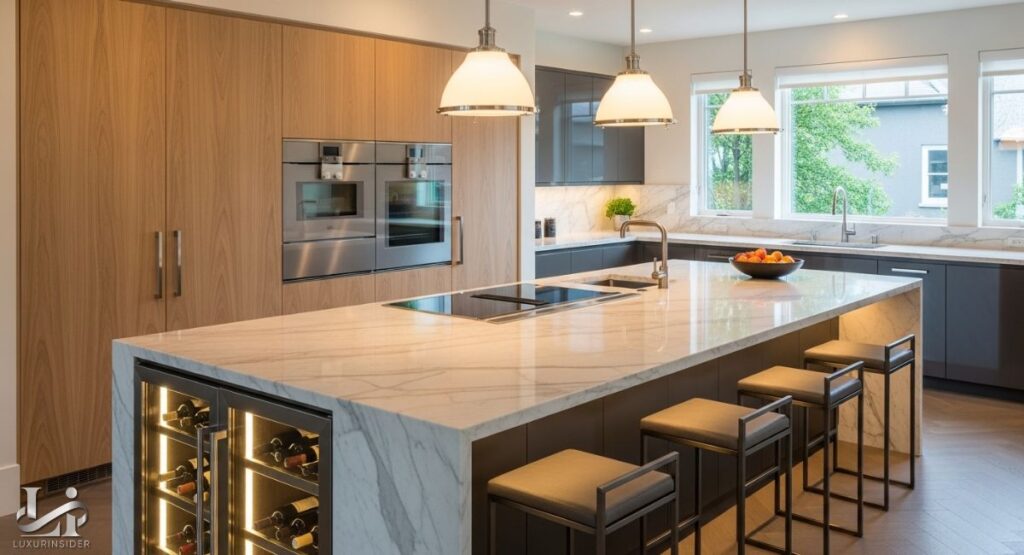 A side-by-side view of a kitchen showing a renovation in progress. The left side shows an older section with brown wooden cabinets, while the right side shows the newly renovated section with sleek white cabinets and a marble backsplash and island. The new section has a modern stovetop and built-in appliances.