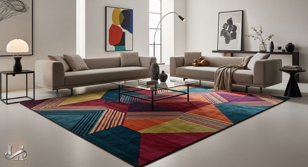 The interior of a modern living room is shown with a large, colorful, geometric area rug as the centerpiece. The rug has a bright, abstract pattern with intersecting lines and shapes in shades of blue, red, yellow, and green. The rest of the room is minimalist, with two light gray sofas, a glass coffee table, and a few abstract paintings on the walls, all designed to make the rug the focal point.