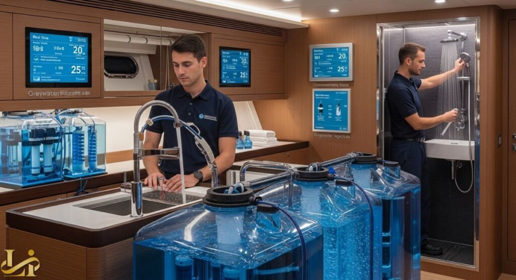 Alt Text:
Two men, dressed in navy blue polo shirts, are demonstrating yacht water management: one is checking digital water system monitors and a sink faucet, and the other is using a shower in an adjoining glass enclosure.