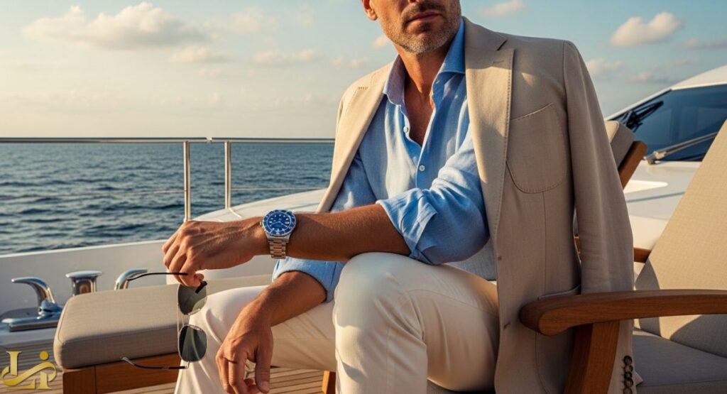 A man in a light blue shirt and beige blazer, wearing a Rolex Yacht-Master watch on a metal bracelet, sitting on a yacht deck while holding sunglasses, overlooking the ocean at sunset, demonstrating luxury resort styling.
