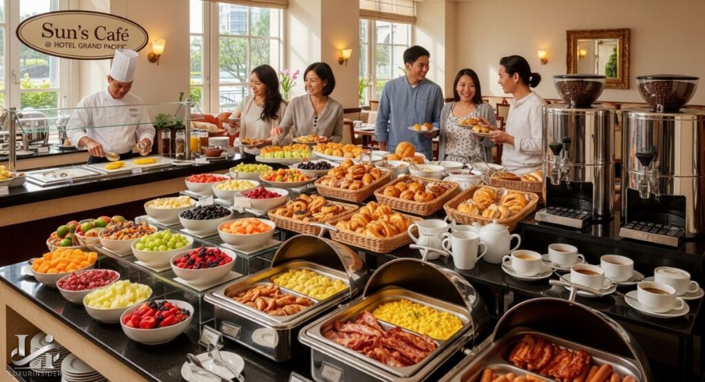 A bright, elegant breakfast buffet at Sun's Cafe in the Hotel Grand Pacific. The long, black countertop is overflowing with a wide variety of food in chafing dishes, baskets, and bowls. The offerings include hot foods like sausages, bacon, and scrambled eggs, as well as an extensive selection of fresh fruit, pastries, and croissants. A chef in a white hat stands behind the counter, and guests are smiling as they serve themselves from the abundant spread.