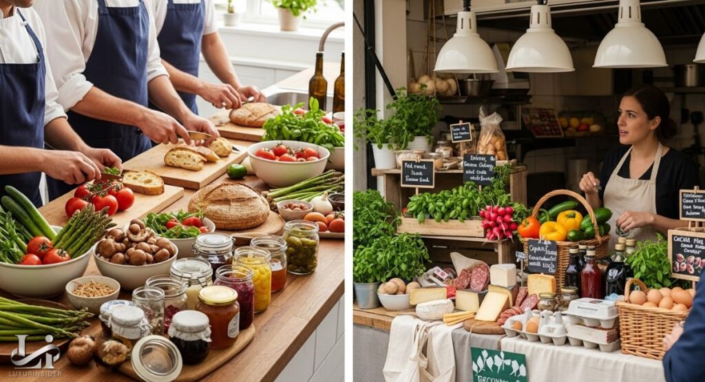 A two-part image. The left side shows three chefs in a commercial kitchen, preparing a meal with fresh, colorful ingredients like tomatoes, asparagus, mushrooms, and bread on a wooden countertop. The right side shows a woman standing at an outdoor market stall, which is filled with an assortment of fresh, locally-sourced produce, artisanal cheeses, and meats, suggesting a direct farm-to-table connection.