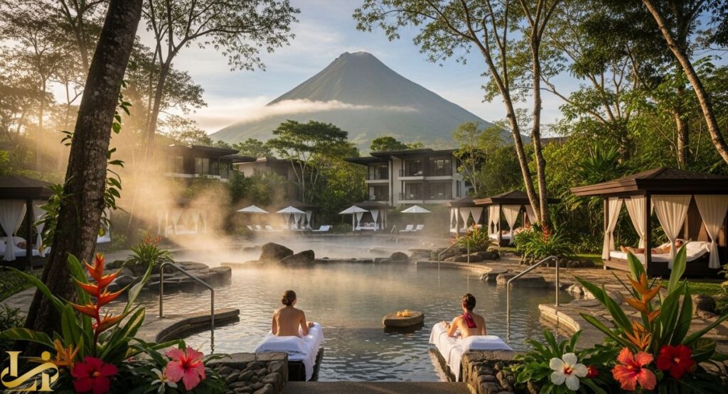Two people are relaxing on submerged loungers in a large, steaming thermal pool surrounded by lush jungle, with cabanas, resort buildings, and the Arenal Volcano visible in the background.