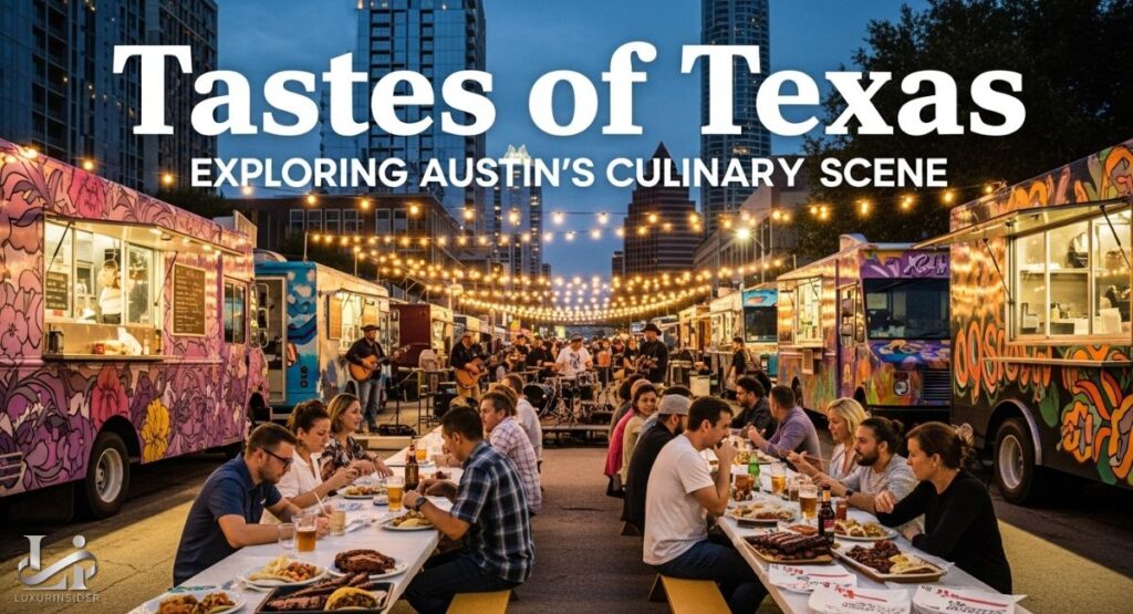 A composite image representing the diverse and vibrant culinary scene of Austin, Texas. The image features a platter of classic Texas barbecue, including sliced brisket and ribs, next to a variety of Tex-Mex dishes like street tacos and a breakfast taco.