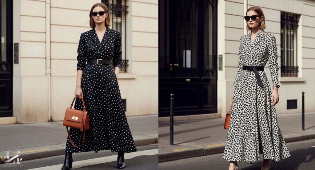 A split fashion photograph of a woman standing on a city street. On the left, she wears a black polka-dot dress, and on the right, she wears a white leopard-print dress. In both photos, she is carrying the same structured, brown leather Saint Laurent "Le 5 à 7" handbag.