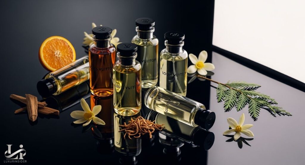 A collection of Louis Vuitton cologne bottles of different colors and sizes, arranged on a black reflective surface with an orange slice, cinnamon sticks, flowers, and greenery.