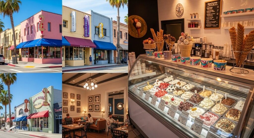 A photo collage with four images, including two exterior shots of colorful storefronts with signs for luxury ice cream shops, one interior shot of a dining area, and a close-up of a gelato display case with various flavors and cones.
