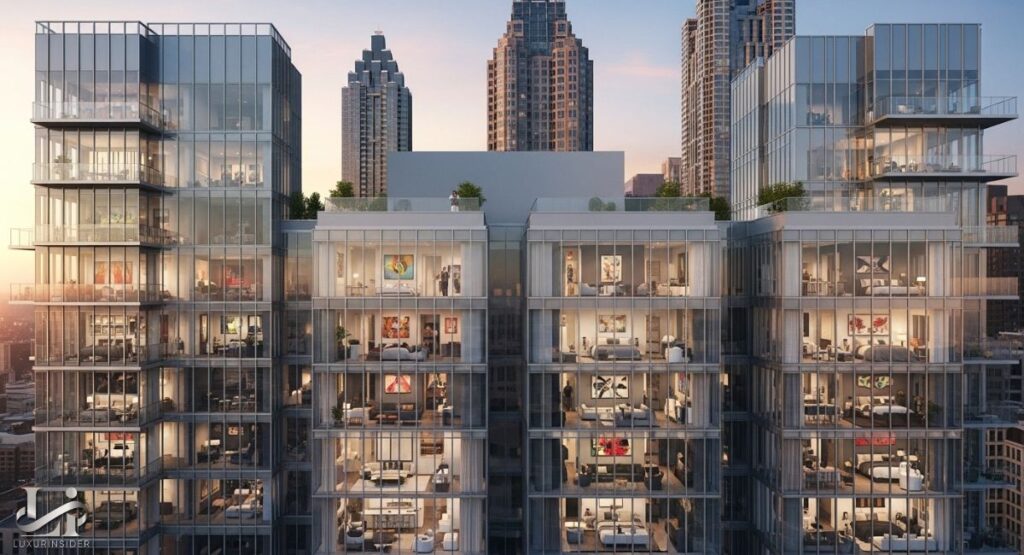 A close-up exterior view of a modern high-rise apartment building in a city, with the lights on inside many of the units at dusk. The building features a glass facade and visible balconies on several floors. The interiors show sleek, contemporary furnishings in the living rooms and bedrooms.
