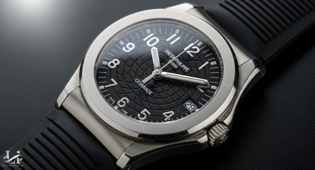 A detailed, angled close-up photograph of an early reference Patek Philippe Aquanaut. The watch features a brushed stainless steel case, a black dial with a distinctive grid-like pattern, and large white luminous applied numerals and hands. The timepiece is fitted with a black ribbed rubber strap.