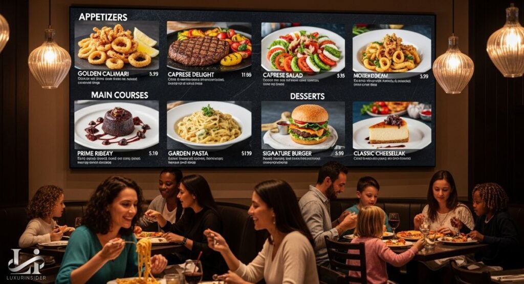 A large digital buff restaurant menu board hangs on a wall above a dining area, displaying a restaurant's offerings. The menu is divided into sections for appetizers, main courses, and desserts, with high-quality, appealing photos of each dish, including Golden Calamari, Caprese Delight, Prime Ribeye, a Signature Burger, and Classic Cheesecake.