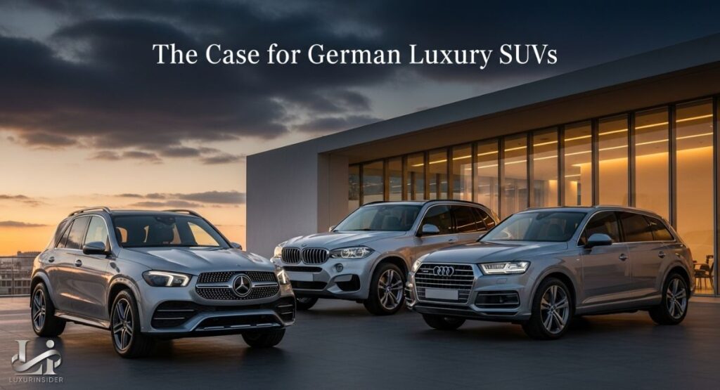 Three top-tier German luxury SUVs are parked on a rooftop lot with a glass-walled building in the background at sunset. From left to right, the vehicles are a silver Mercedes-Benz, a dark BMW, and a silver Audi. The image highlights the sleek design and high-end aesthetic of these vehicles.