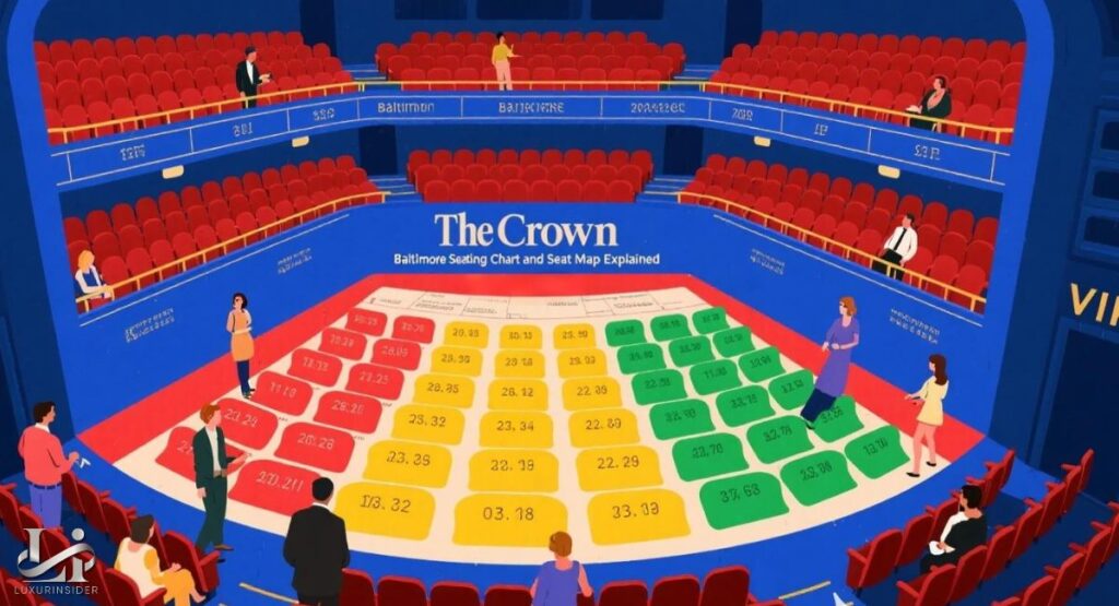 An illustrative aerial view of a theater's seating chart for "The Crown Baltimore." The map, laid out on the floor, is divided into color-coded sections (red, yellow, and green) with numbers and text, guiding potential ticket buyers.