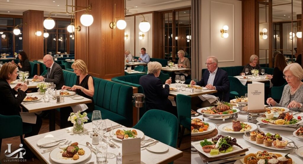 An elegant and well-lit dining room at a restaurant called "The Landmark." The space is divided by green velvet booth seating, creating a cozy and intimate atmosphere. Tables with white tablecloths are set for guests, who are enjoying beautifully plated meals. In the foreground, a lavish buffet-style spread is visible on a large round table, featuring a variety of hot entrees, cold appetizers, and desserts, suggesting a mix of a la carte dining and buffet service.