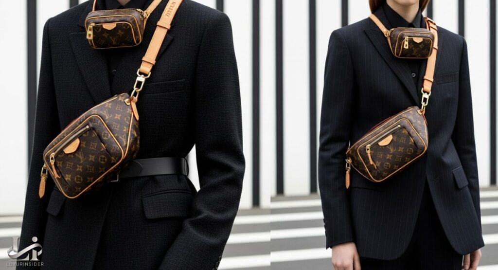 Close-up photo of the Louis Vuitton Mini Monogram Bumbag, showcasing its compact silhouette, signature Monogram canvas, natural cowhide leather trim, and a gold-tone chain strap.