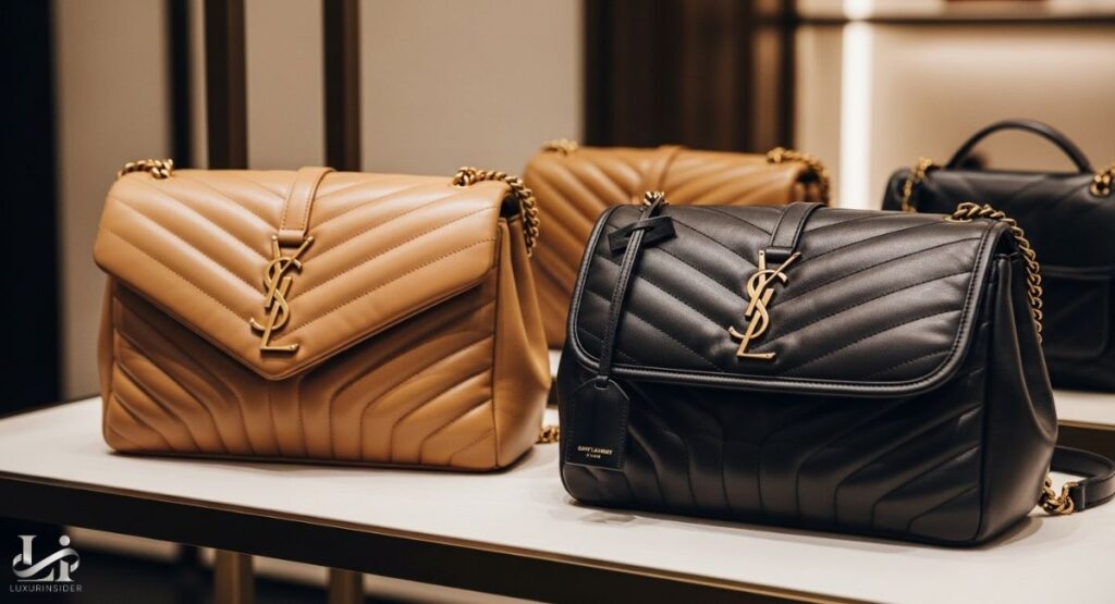 A close-up product photograph of two quilted Saint Laurent handbags. The bag on the left is light brown, and the one on the right is black. Both feature a chevron-quilted pattern and a prominent gold-toned YSL logo on the front flap.