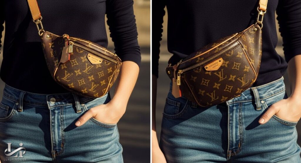 A photograph of the Louis Vuitton Monogram High Rise Bumbag. The bag is a slim, structured belt bag/crossbody made from the classic Monogram coated canvas with natural cowhide-leather trim (vachetta) and gold-toned hardware, featuring a zipped back pocket and a removable name tag.