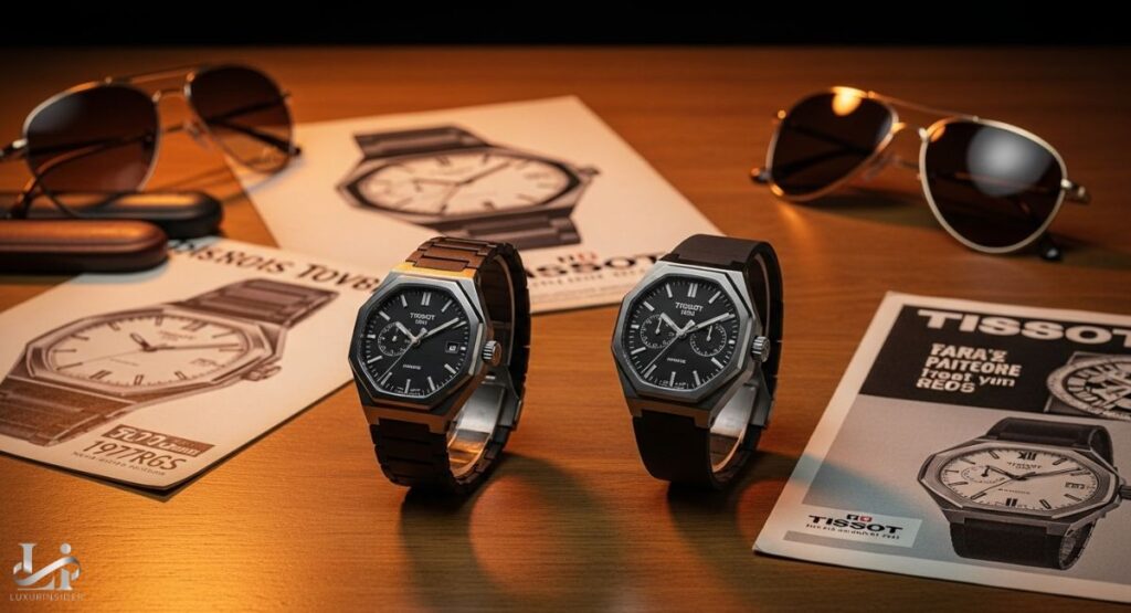 A professional photograph showing a modern Tissot PRX with a blue waffle dial next to a vintage Tissot watch on a record player with a vinyl record. The two watches and the retro props symbolize the origins and reimagining of the Tissot PRX.