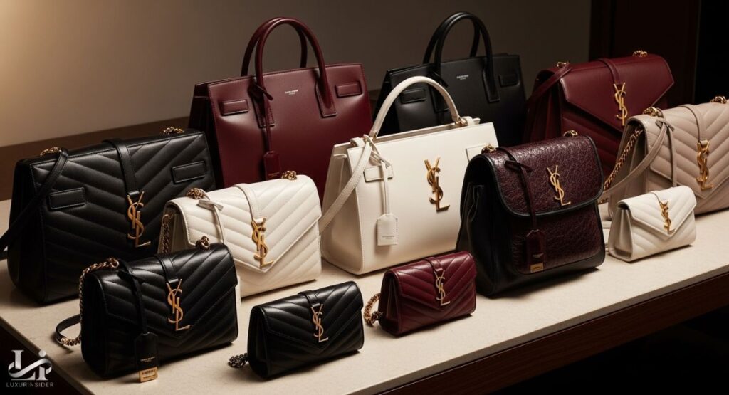 A flat lay photograph of a selection of Saint Laurent handbags arranged as a "checklist" on a light surface. The handbags include a tan top-handle tote, a black quilted shoulder bag, a white clutch, and other black bags, showcasing various styles.