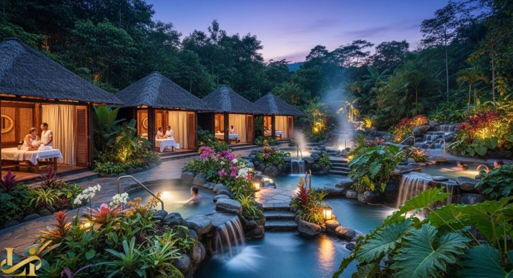 Thatched-roof spa treatment cabanas and outdoor thermal pools with waterfalls are surrounded by lush, tropical foliage at the Tabacon Grand Spa at dusk.