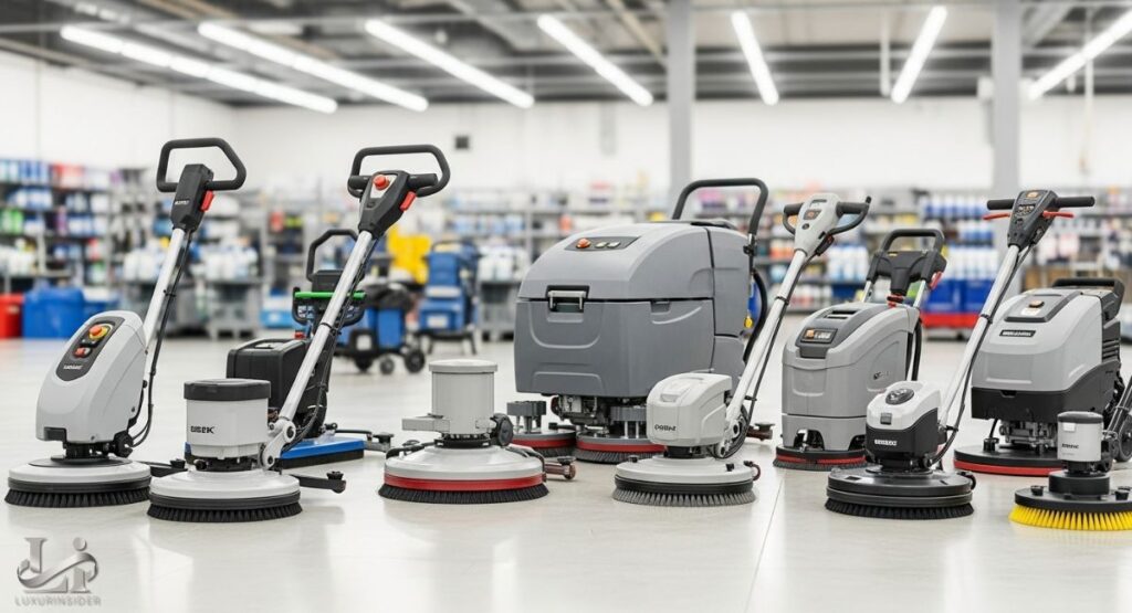 A collection of various commercial and industrial floor buffers and scrubbers are arranged on a clean, polished warehouse or store floor. The machines vary in size and design, from smaller, single-pad buffers to large, ride-on scrubbers. In the background, rows of shelves filled with products are visible, suggesting a large retail or storage space.
