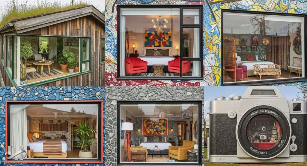 Fairview Hotels - A six-panel photo collage showcasing various unique and themed accommodations. The images include a rustic cottage with a living roof, a modern-style camera hotel, and several hotel rooms with bright, artistic decorations.