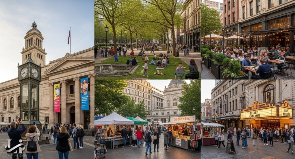 A multi-panel image showcasing a variety of popular activities in a city. The top left panel shows a historic civic building with a clock tower and a large, ornate facade. The top middle panel shows people relaxing and playing in a sunny city park with a fountain and green trees. The top right panel shows people dining at an outdoor cafe with umbrellas and string lights. The bottom left shows a lively street market with vendors and shoppers. The bottom right shows the brightly lit marquee of a historic theater with a crowd of people gathered outside.