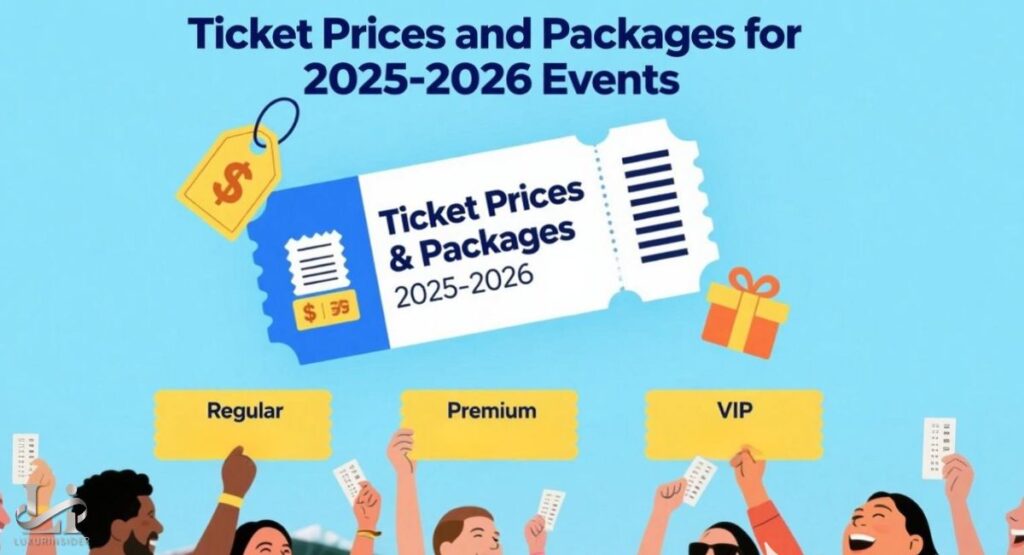 An illustrated graphic with the title "Ticket Prices and Packages for 2025-2026 Events." The image features a stylized ticket and a gift box, with three yellow banners below them labeled Regular, Premium, and VIP, representing different pricing tiers. A diverse group of excited people are shown raising their tickets in the air.