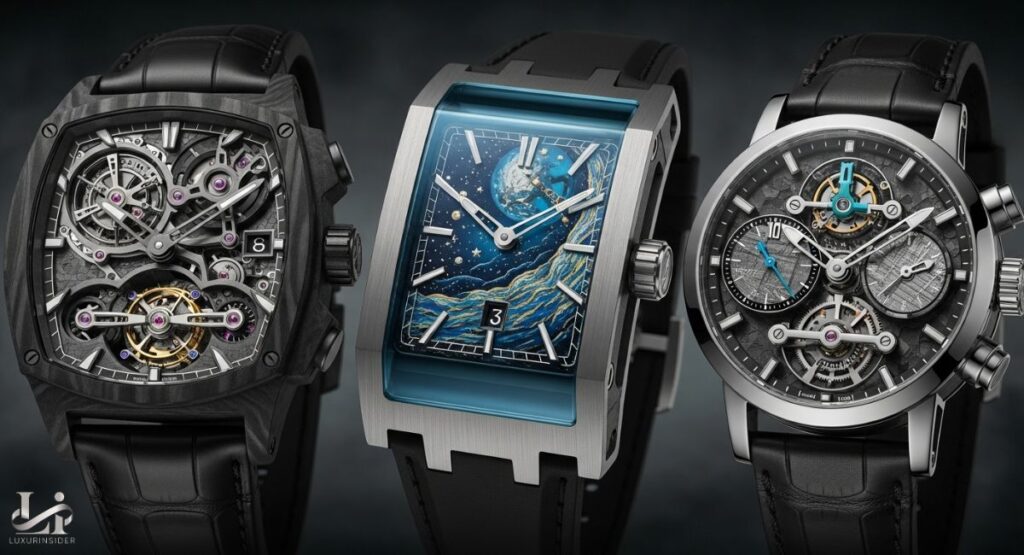 Three highly-detailed, avant-garde wristwatches are shown at an angle against a dark background. The watch on the left is rectangular with a gray, textured case and a skeletonized dial that reveals the complex mechanical movement. The middle watch is also rectangular and features a captivating, artistic dial that depicts a blue-toned night sky and landscape, possibly a moon phase complication. The watch on the right has a circular case with a textured black dial and multiple visible sub-dials and gears. The Luxuri Insider logo is visible in the bottom left corner.