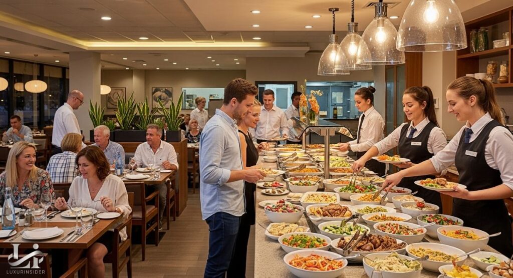 A busy, modern restaurant with a large buffet bar in the center. Guests are seen in a line, serving themselves from an extensive selection of dishes, including salads, pasta, and various hot entrees. A couple in the foreground is smiling as they select their food, while waitstaff in black vests assist guests and a chef stands behind the buffet. The dining area is well-lit and features comfortable seating with tables and chairs.