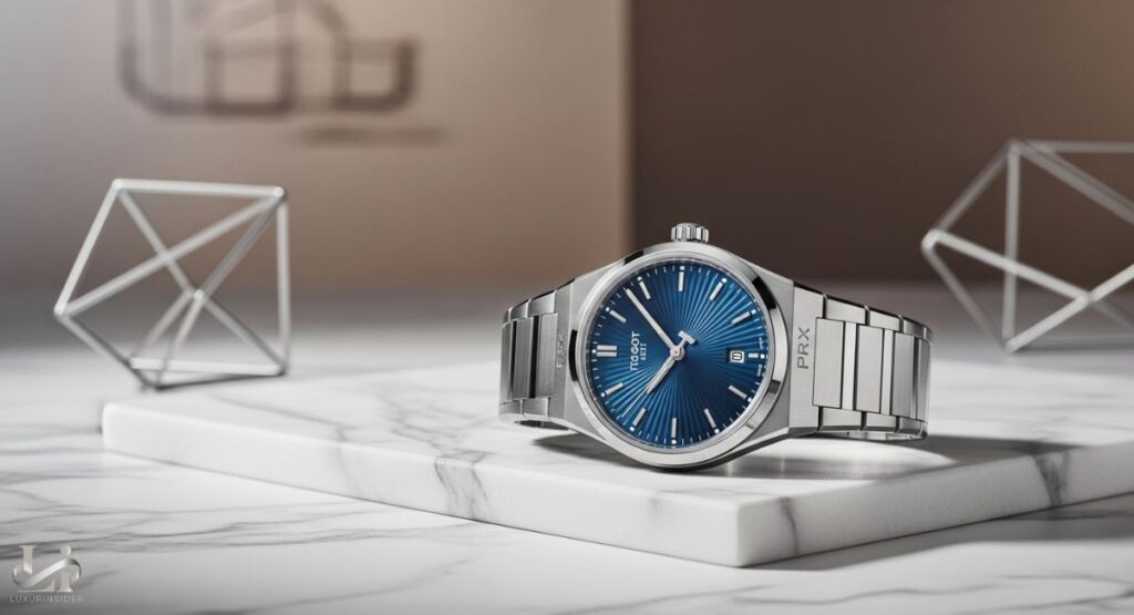 A close-up, professional photograph of a modern Tissot PRX watch. The timepiece, with its integrated stainless steel bracelet and a deep blue dial featuring a sunburst finish and polished hands, is displayed on a white marble block with abstract metal geometric shapes in the background.