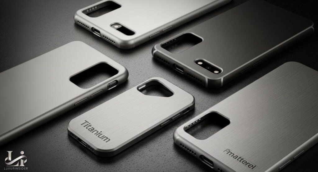 A close-up, angled shot of five premium phone cases made from different metals. The cases are in shades of silver, gray, and black, with a brushed metal texture on some and a smooth finish on others. One of the cases has the word "Titanium" etched on it.