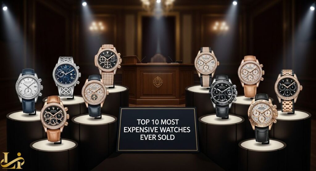 A dramatic display of ten diamond-encrusted, precious metal luxury watches, including brands like Patek Philippe and Rolex (simulated), arranged on pedestals with a sign reading TOP 10 MOST EXPENSIVE WATCHES EVER SOLD in a setting resembling an auction house.