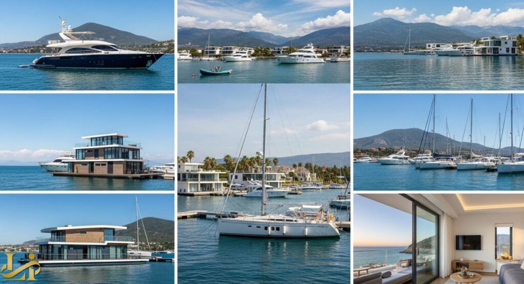 A collage of nine images showcasing various luxury yacht houses, superyachts, and sailboats in a picturesque, mountainous marina setting, with one close-up of a modern, bright interior overlooking the water. This suggests a location popular for luxury yacht house living and travel.