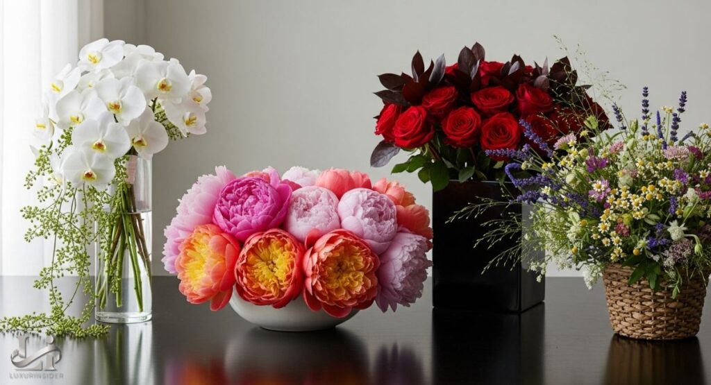 A side-by-side shot of three distinct floral arrangements. The bouquet on the left is composed of white orchids with delicate greenery in a clear vase. The middle bouquet features a mix of pink and coral peonies in a low, white bowl. The bouquet on the right is a vibrant mix of wildflowers in a rustic woven basket.