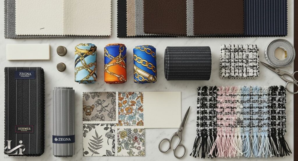 A flat-lay arrangement of various high-end fabric swatches and sewing tools on a marble surface. The items include swatches from brands like Zegna and Hermès, rolls of patterned silk and pinstripe fabric, and a pair of scissors. The swatches are in a variety of textures and colors, including solids, pinstripes, and a floral pattern.