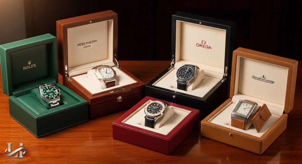 A professional shot of a collection of high-end watch boxes and winders on a polished wooden surface. An open box in the foreground displays a single luxury watch nestled in a soft interior, while other boxes of various sizes are visible in the background, all made of premium materials like polished wood and leather.