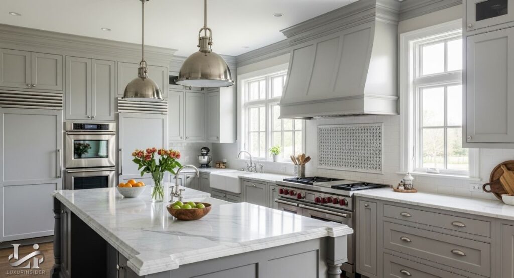 A wide view of a modern luxury kitchen with clean lines and high-end finishes. The kitchen features dark wood cabinets and white marble countertops and backsplash. There is a large center island with a sink and seating, and a stainless steel stove and refrigerator. The space is well-lit with modern pendant lights and large windows that open to a living area.