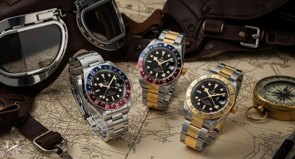 A professional photograph of three Tudor Black Bay GMT watches on a vintage-style map. The watches include a stainless steel model with a red and blue bezel, a two-tone steel and gold model with a red and blue bezel, and a two-tone steel and gold model with a brown and black bezel.