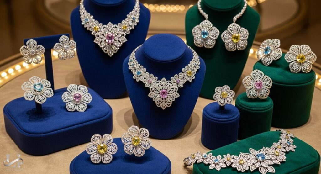 A professional photograph showcasing a collection of Van Cleef & Arpels "Flowerlace" jewelry. The display features a matching set of intricate floral-themed necklaces, earrings, rings, and a bracelet, all crafted from white metal with pavé diamonds and accented with colored gemstones.